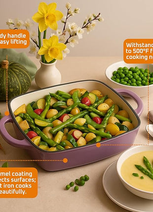Bruntmor 2-in-1 Square Enamel Cast Iron Dutch Oven Baking Pan with Handles, Purple Baking Pans Set with Cast Iron Skillet, Braising Pan for Casserole Dish with lid, Oven Safe
