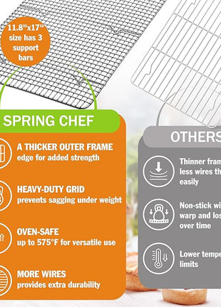Spring Chef 11.8" x 17" Stainless Steel Cookie Cooling Rack - Oven Safe - Baking Rack for Bacon, BBQ, Jerky, Bread, Pizza, Cake - Fits Half Sheet Roasting Pan - Dishwasher Safe