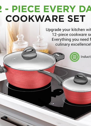 NutriChef 12-Piece Nonstick Kitchen Cookware Set-PTFE/PFOA/PFOS-Free Heat Resistant Lacquer Kitchen Ware Pots Pan Set Dark Gray/Red- Saucepot, Pans, Cooking Pot Oven Pot, Lid, Utensil - NCCW12RED
