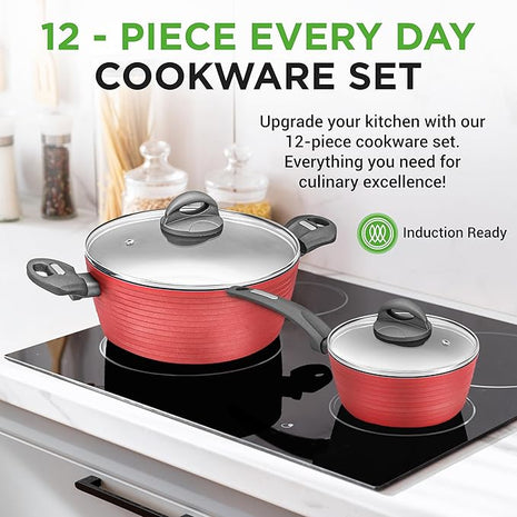 NutriChef 12-Piece Nonstick Kitchen Cookware Set-PTFE/PFOA/PFOS-Free Heat Resistant Lacquer Kitchen Ware Pots Pan Set Dark Gray/Red- Saucepot, Pans, Cooking Pot Oven Pot, Lid, Utensil - NCCW12RED