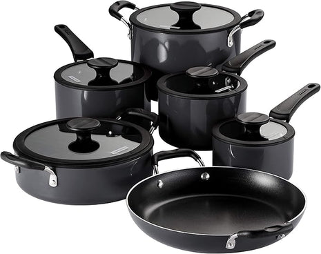 Tramontina Aluminum Non Stick 11-Piece Nesting Pots and Pans Set with Lids - Gray, Kitchen Nonstick Cookware Set, Dishwasher and Oven Safe