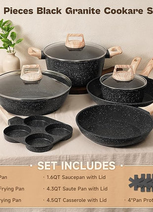 13 Pcs Pots and Pans Set, Nonstick Cookware Sets Black Granite Induction Cookware, Non-toxic Healthy Non stick Kitchen Cooking Set with Frying Pans Set, Saucepans (PFAS/PFOA/PFOS Free)