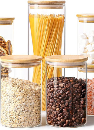 ComSaf Glass Food Storage Jars Set of 6, Clear Glass Storage Containers with Lids, Canisters Sets for the kitchen, Spaghetti, Pasta, Flour, Nuts, Oat, Coffee and Sugar Container, Pantry Organization