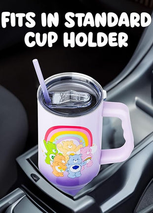 Silver Buffalo Care Bears Rainbow Featuring Funshine, Cheer, Grumpy, Friend, and Good Luck Bear Stainless Steel Tumbler with Handle and Straw, Fits in Standard Cup Holder, 40 Ounces
