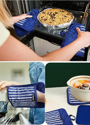 Silicone Pot Holders Set of 3 Heat Resistant & Non Slip Potholders, Professional Oven Hot Pads with Pockets Mitts for Kitchen Cooking Baking Barbecue (Cobait Blue, 3)