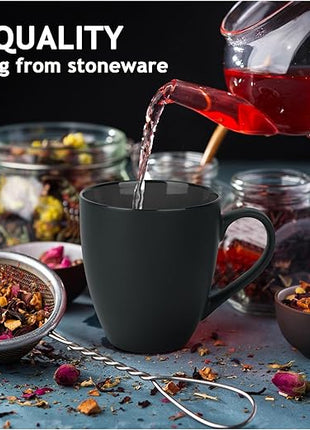 MIAMIO - Set of 6 Stoneware Coffee Mugs 12 Ounce/Cup Set - Le Papillon Collection (Black)