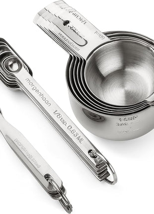 Heavy-Duty 304 Stainless Steel Measuring Cup Set (18-Piece) - Stackable, Dual Metric/US, Long & Narrow Spoons for Spice Jars + 5 Mini Spoons