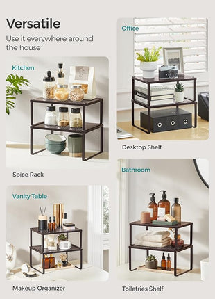 SONGMICS Spice Racks, Set of 4 Metal Cabinet Shelf Organizers, Countertop Organizers, Shelf Risers, Stackable, Expandable, Brown UKCS06BR