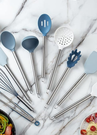 COOK WITH COLOR Silicone Cooking Utensils, Kitchen Utensil Set, Easy to Clean Silicone Kitchen Utensils, Cooking Utensils for Nonstick Cookware, Kitchen Gadgets Set, 10 Pieces, Blue and White