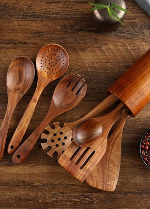 Wooden Kitchen Cooking Utensils, NAYAHOSE 8 Pcs Natural Teak Wooden Spoons Spatulas and Wooden Storage Barrel for Non-stick Pan