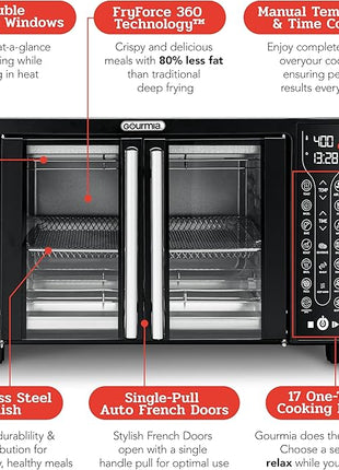 Gourmia Toaster Oven Air Fryer Combo 17 cooking presets 1700W french door digital air fryer oven 24L capacity accessories, convection rack, baking pan tray recipe book GTF7460,Large,Black
