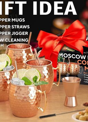 Benicci Moscow Mule Copper Mugs - Set of 4-100% HANDCRAFTED - Food Safe Pure Solid Copper Mugs - 16 oz Christmas Gift Set with Premium Quality Cocktail Straws and Jigger!