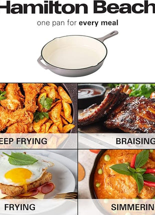 Hamilton Beach Enameled Cast Iron Fry Pan 12-Inch Gray, Cream Enamel coating, Skillet Pan For Stove top and Oven, Even Heat Distribution, Safe Up to 400 Degrees, Durable