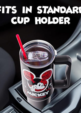 Silver Buffalo Disney Classic Mickey Mouse Hashtag Current Mood “#currentmood” Stainless Steel Tumbler with Handle and Straw, Fits in Standard Cup Holder, 40 Ounces