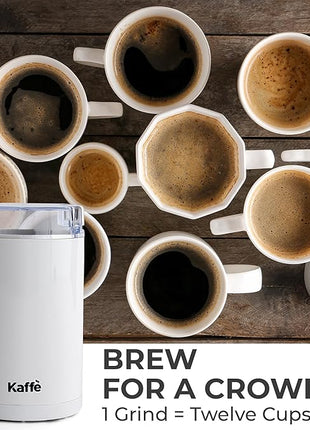 Kaffe One-Touch Coffee Grinder Electric w/Cleaning Brush (3 oz) - Coffee Grinders for Home Use - Up to 12 Cups of Coffee per Grind - Easy On/Off Coffee Bean Grinder - White