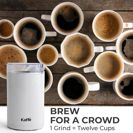 Kaffe One-Touch Coffee Grinder Electric w/Cleaning Brush (3 oz) - Coffee Grinders for Home Use - Up to 12 Cups of Coffee per Grind - Easy On/Off Coffee Bean Grinder - White
