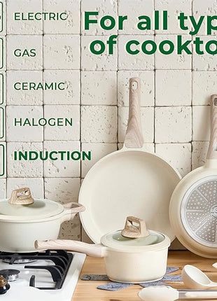 JUST PERFECTO Induction Pots Set - Pan Set with Lid - Induction Pots Set - Pots & Pans Set without PTFE and PFOA - Cookware Pot Set Induction 14Pcs (light beige)