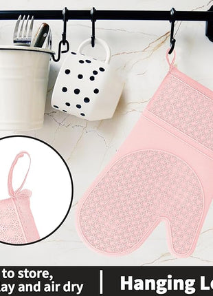 Hovico Silicone Oven Mitts, Heat Resistant 500F Kitchen Mitts 2PCS, 11.6" BPA-Free Soft Baking Gloves, Non-Slip Grip Oven Gloves with Soft Cotton Lining for Kitchen Cooking Baking BBQ - Pink