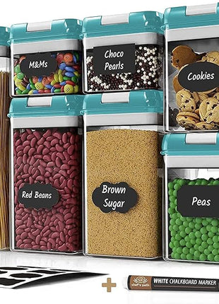 Airtight Food Storage Containers for Pantry Organization & Storage - 7 PC Pantry Organizer Plastic Containers for Food with Flip Lock Lids - Stackable Sugar Container & Food Storage Canisters (Teal)