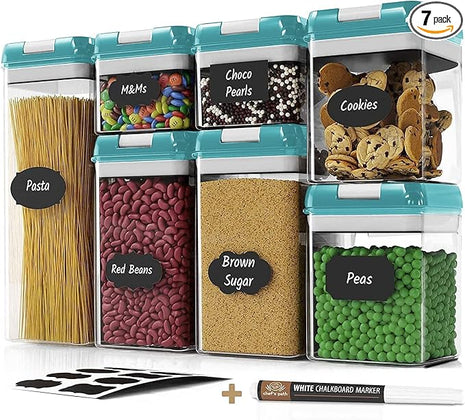 Airtight Food Storage Containers for Pantry Organization & Storage - 7 PC Pantry Organizer Plastic Containers for Food with Flip Lock Lids - Stackable Sugar Container & Food Storage Canisters (Teal)