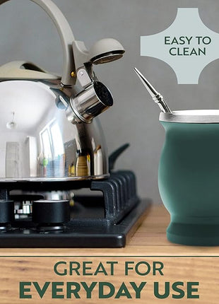 Norte Yerba Mate Cup Kit, 8-Ounces Traditional Mate Tea Cup/Gourd Set | Includes 2 Bombillas (Yerba Mate Straw) & Cleaning Brush, Stainless Steel Cup, Double-Walled, Easy to Clean | Green