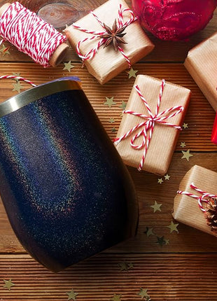 MEWAY 12oz/4 Pack Wine Tumbler Glasses with Lid - Stemless Double Wall Vacuum Stainless Steel Glitter Tumbler - Keeping Cold & Hot Cup for Coffee,for Women(Rainbow Navy,Set of 4)
