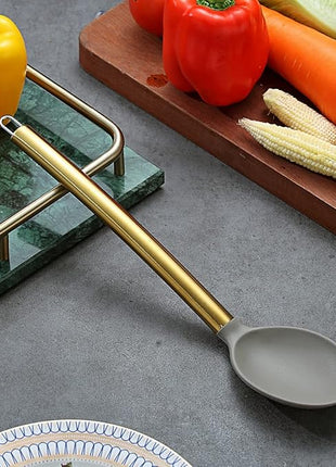 Berglander Non-stick Silicone Solid Serving Spoon, Titanium Gold Plating handle, Basting Spoon, Dishwasher Safe, Easy to Clean