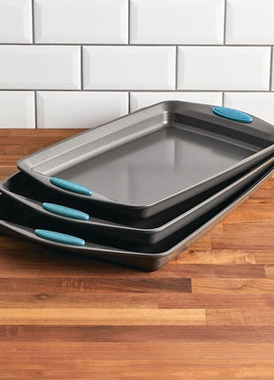 Rachael Ray Bakeware Nonstick Cookie Pan Set, 3-Piece, Gray with Agave Blue Grips