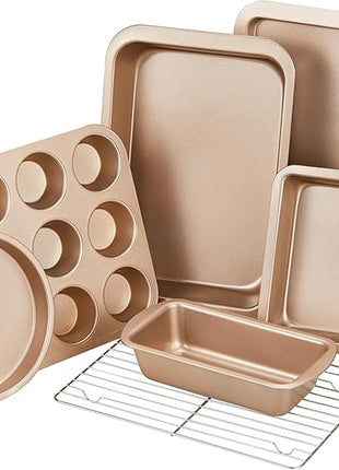 KITESSENSU Baking Pans Sets, Nonstick Bakeware Set 7-Piece with Round/Square Cake Pan, Loaf Pan, Muffin Pan, Cookie Sheet, Roast Pan, Cooling Rack & Silicone Oven Mitts, Carbon Steel Bake Set,Gold