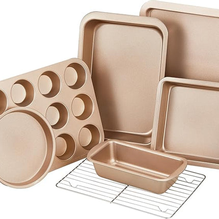 KITESSENSU Baking Pans Sets, Nonstick Bakeware Set 7-Piece with Round/Square Cake Pan, Loaf Pan, Muffin Pan, Cookie Sheet, Roast Pan, Cooling Rack & Silicone Oven Mitts, Carbon Steel Bake Set,Gold