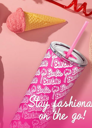 Dragon Glassware x Barbie 24 oz Insulated Stainless Steel Tumbler with Lid and 2 Straws - Travel Coffee Tumbler Cup to Keep Drinks Hot or Cold, Fits Cup Holders - Palm Trees