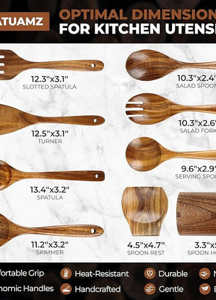 SPATUAMZ Wooden Spoons for Cooking, Teak Wood Kitchen Utensil Set for Nonstick Cookware, Durable Cooking Spatulas Set of 9 with Holder and Spoon Rest