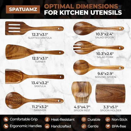 SPATUAMZ Wooden Spoons for Cooking, Teak Wood Kitchen Utensil Set for Nonstick Cookware, Durable Cooking Spatulas Set of 9 with Holder and Spoon Rest