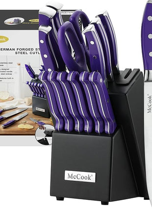 McCook MC27 14 Pieces Stainless Steel kitchen knife set with Wooden Block, Kitchen Scissors and Built-in Sharpener, Purple