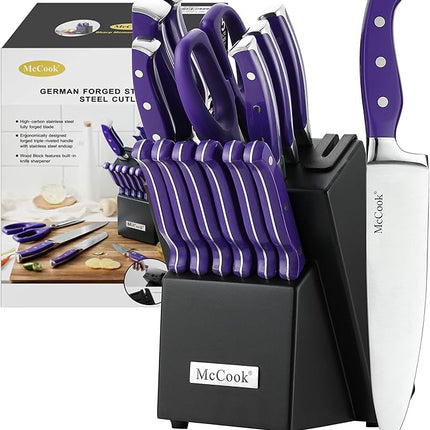McCook MC27 14 Pieces Stainless Steel kitchen knife set with Wooden Block, Kitchen Scissors and Built-in Sharpener, Purple