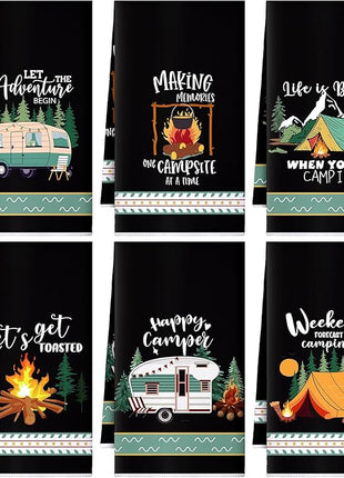 Boyiee 6 Pcs Camping Kitchen Towels Black Absorbent Dish Towels Bonfire Tent Car Tea Towels 24 x 16 Inches with Funny Sayings Novelty Gifts for Campers Happy Camper Camping Accessories for RV Campers