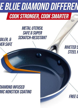 Blue Diamond 14 Piece Nonstick Cookware Set, Diamond Ceramic Pots & Pans, Dishwasher & Metal Utensil Safe, Non Toxic PFAS-Free, Kitchen Cooking Sauce & Saute Pans, Oven & Broiler to 600F, Blue