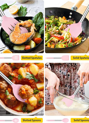 Pack of 4 Silicone Cooking Utensils Set, Non Stick Large Solid Spatulas, Heat Resistant Pink Slotted Spoons, Ideal BPA Free Kitchen Turners for Frying, Mixing,Serving,Draining,Turning,Stirring