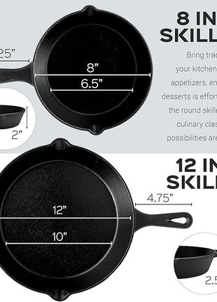 Pre-Seasoned Cast Iron Skillet Set (8-Inch and 12-Inch) Oven Safe Cookware - Heat-Resistant Holders - Indoor and Outdoor Use - Grill, Stovetop, Induction Safe