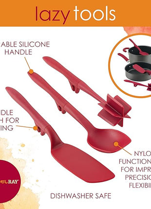 Rachael Ray Tools and Gadgets Lazy Crush & Chop, Flexi Turner, and Scraping Spoon Set / Cooking Utensils - 3 Piece, Red