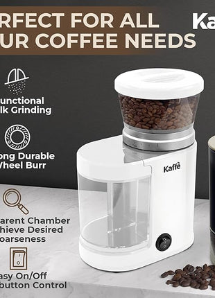 Kaffe Electric Burr Coffee Grinder (5.5oz) w/Adjustable Coarseness Settings - Flat Burr - [New Upgraded Motor ] - Precision Coffee Bean Grinder for Home Use - White