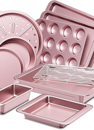 HONGBAKE Bakeware Sets, Baking Pans Set, Nonstick Oven Pan for Kitchen with Wider Grips, 10-Piece Including Rack, Cookie Sheet, Cake Pans, Loaf Pan, Muffin Pan, Pizza Pan - Pink