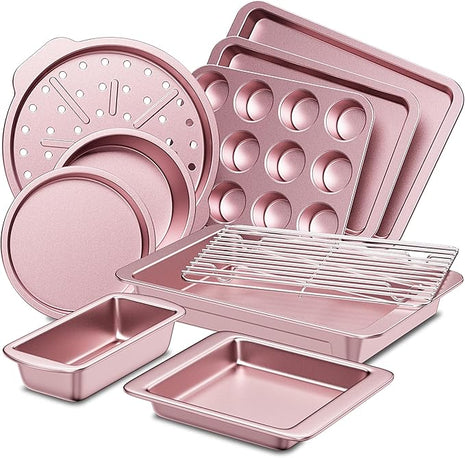 HONGBAKE Bakeware Sets, Baking Pans Set, Nonstick Oven Pan for Kitchen with Wider Grips, 10-Piece Including Rack, Cookie Sheet, Cake Pans, Loaf Pan, Muffin Pan, Pizza Pan - Pink