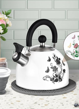 ARC Stainless Steel Whistling Tea Kettle, Magic Color Changing Design 2-Quart Stovetop Kettle Whistle White Teapot with Folding Cup & Trivet Mat