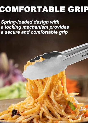 Anaeat 7" Mini Cooking Tong Stainless Steel - Sturdy Coiled Spring Locking Kitchen Food Tong with Non-Slip Silicone Grip for Serving, Cooking, Baking - Heat Resistant up to 480°F (Black)