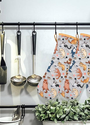 Oven Mitts Cotton Fashion Cute Cat Design 1pair Heat Resistant Oven Gloves Safe Cooking Baking Grilling Barbecue Machine Washable Pot Holders (Cat)