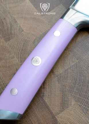 Dalstrong Chef Knife - 8 inch Blade - Gladiator Series - Forged High Carbon German Steel - Razor Sharp Kitchen Knife - Professional Full Tang Knives - Lilac Handle ABS - Sheath - NSF Certified