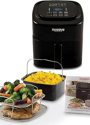 Nuwave Brio 6-Quart Digital Air Fryer Including Non-Stick Baking Pan and Stainless-Steel Cooking Rack (6-Quart + Gourmet Kit), Black