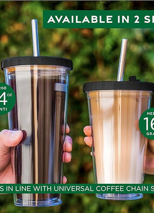 Reusable Iced Coffee Cup (16 Oz/Grande), Leak Proof and Double Wall Insulated Iced Coffee Tumbler, Come with Reusable Plastic and Metal Straws and Straw Cleaner - Black