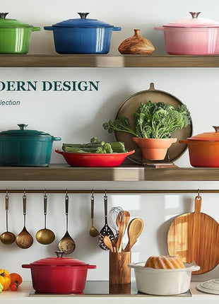 Overmont Enameled Cast Iron Dutch Oven - 7QT Pot with Lid Cookbook & Cotton Potholders - Heavy-Duty Cookware for Braising, Stews, Roasting, Bread Baking bottle green